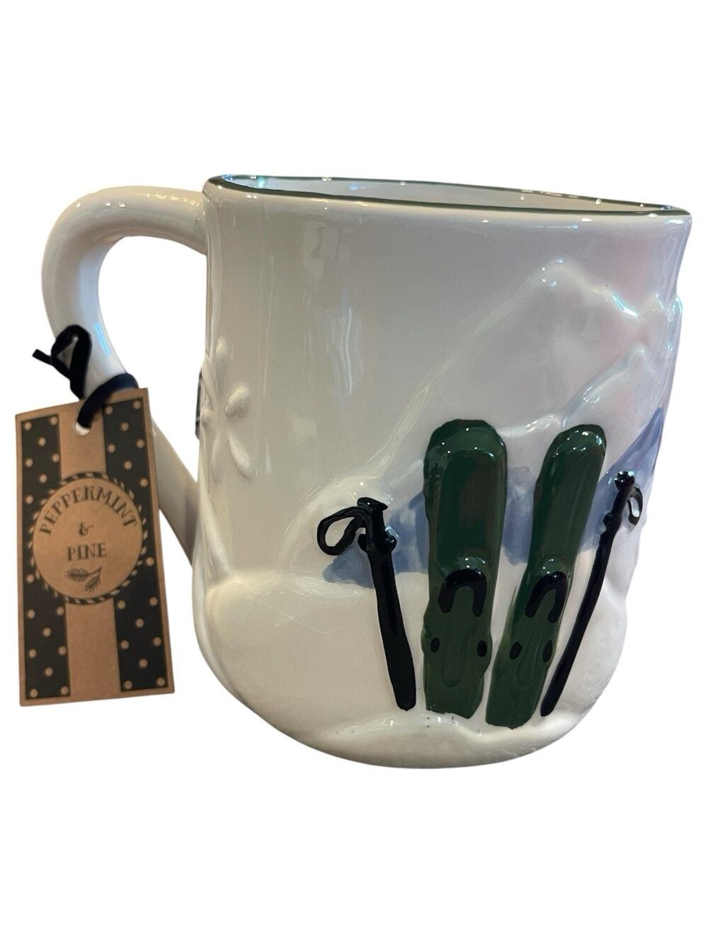 Peppermint & Pine Ski Scene Ceramic Mug Hand Painted Christmas New
